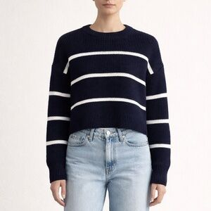 Vince Navy Stripe Cropped Cotton Knit Sweater Boxy Crew Neck M